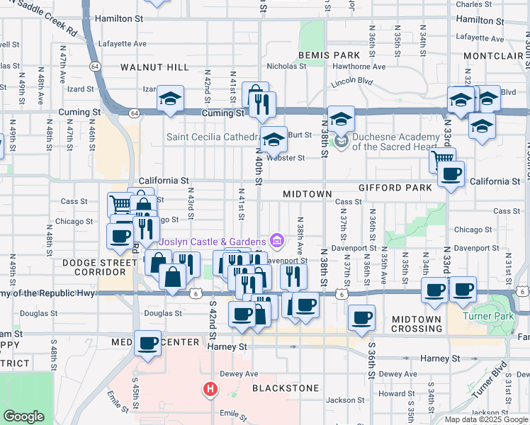 map of restaurants, bars, coffee shops, grocery stores, and more near 417 North 40th Street in Omaha