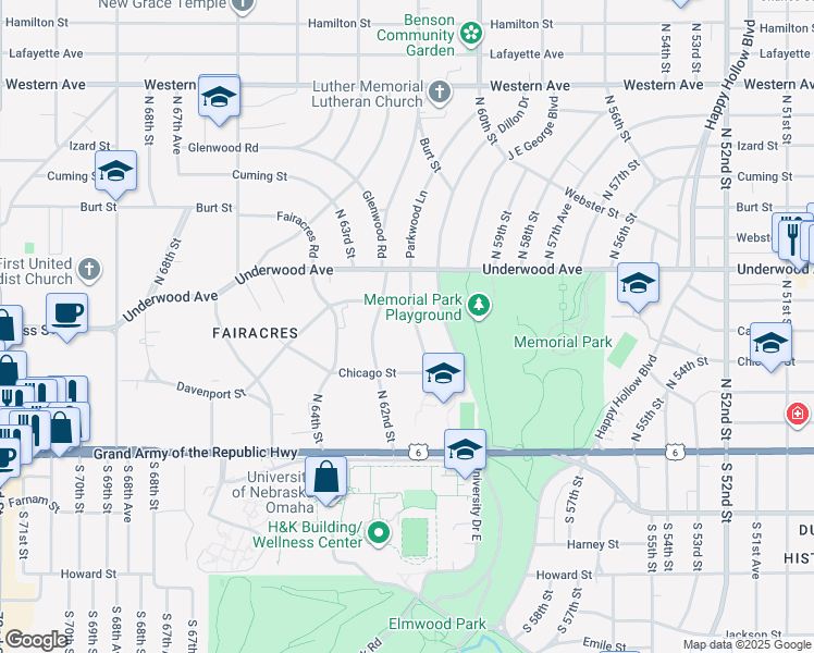 map of restaurants, bars, coffee shops, grocery stores, and more near 430 North 61st Street in Omaha
