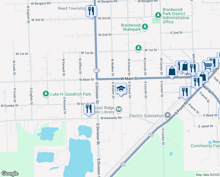 map of restaurants, bars, coffee shops, grocery stores, and more near 122 South Walker Street in Braidwood