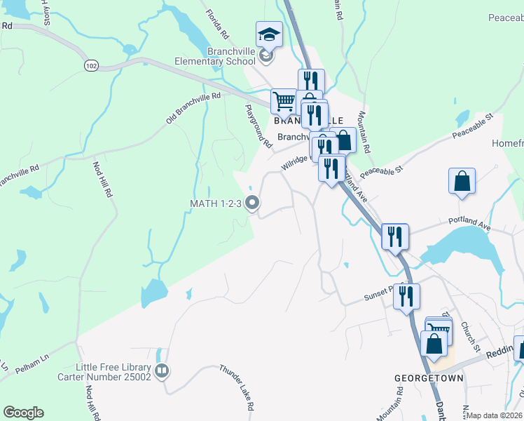 map of restaurants, bars, coffee shops, grocery stores, and more near 12 Mallory Hill Road in Ridgefield