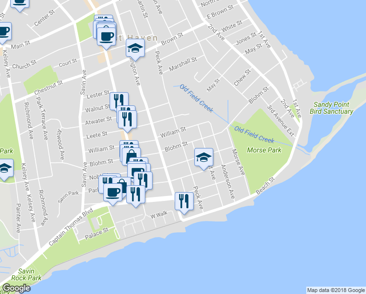 map of restaurants, bars, coffee shops, grocery stores, and more near 173 Peck Avenue in West Haven
