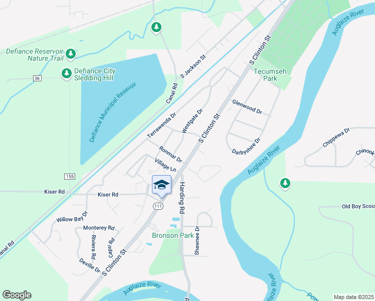 map of restaurants, bars, coffee shops, grocery stores, and more near 1617 Westgate Drive in Defiance