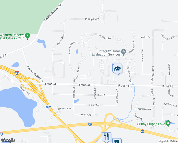 map of restaurants, bars, coffee shops, grocery stores, and more near 725 Bridgeport Avenue in Streetsboro