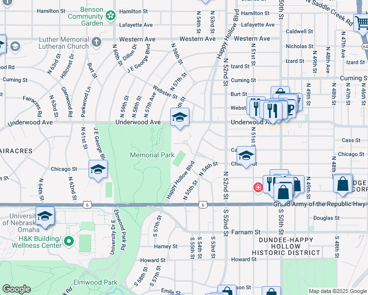 map of restaurants, bars, coffee shops, grocery stores, and more near 400 North Happy Hollow Boulevard in Omaha