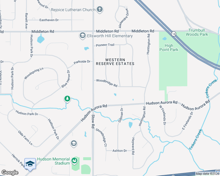 map of restaurants, bars, coffee shops, grocery stores, and more near 2838 Woodbridge Road in Hudson