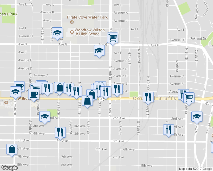 map of restaurants, bars, coffee shops, grocery stores, and more near 1609 Avenue B in Council Bluffs
