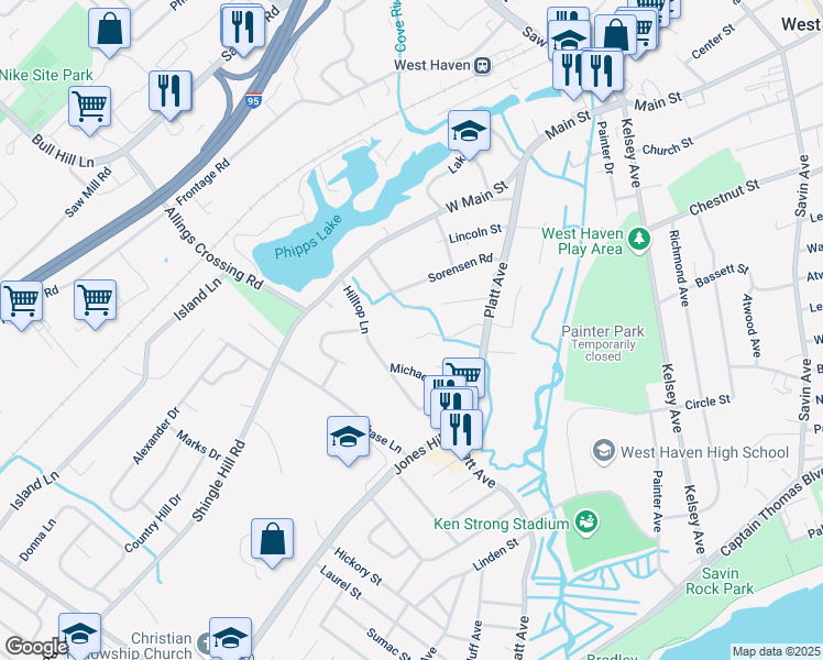 map of restaurants, bars, coffee shops, grocery stores, and more near 29 Cove Brook Road in West Haven