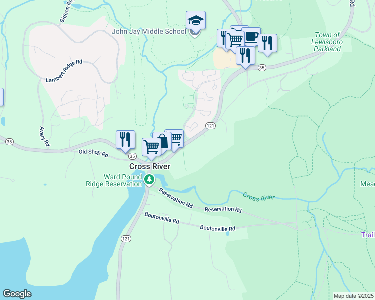 map of restaurants, bars, coffee shops, grocery stores, and more near 801 New York 35 in Cross River