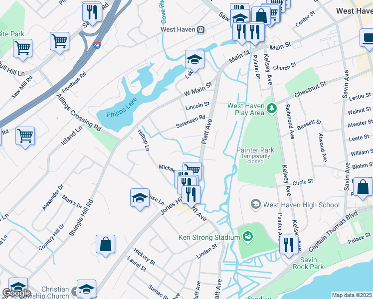 map of restaurants, bars, coffee shops, grocery stores, and more near 15 Cove Brook Road in West Haven