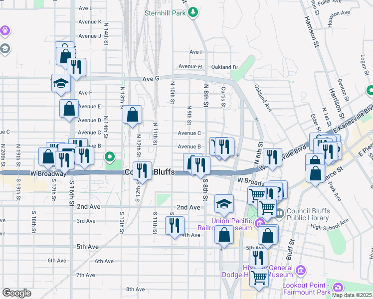 map of restaurants, bars, coffee shops, grocery stores, and more near 120 North 9th Street in Council Bluffs