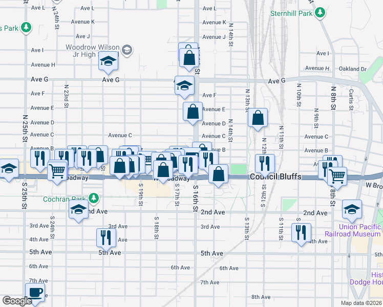 map of restaurants, bars, coffee shops, grocery stores, and more near 1609 Avenue B in Council Bluffs