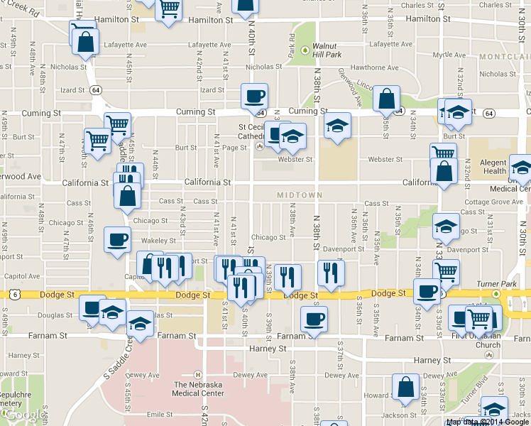 map of restaurants, bars, coffee shops, grocery stores, and more near 433 North 39th Street in Omaha