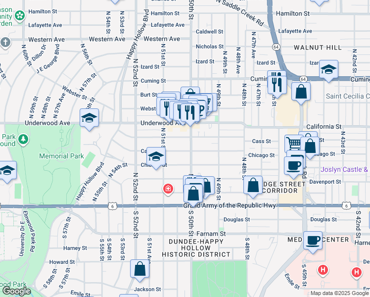 map of restaurants, bars, coffee shops, grocery stores, and more near 5008 Cass Street in Omaha