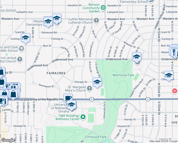 map of restaurants, bars, coffee shops, grocery stores, and more near 430 North 61st Street in Omaha