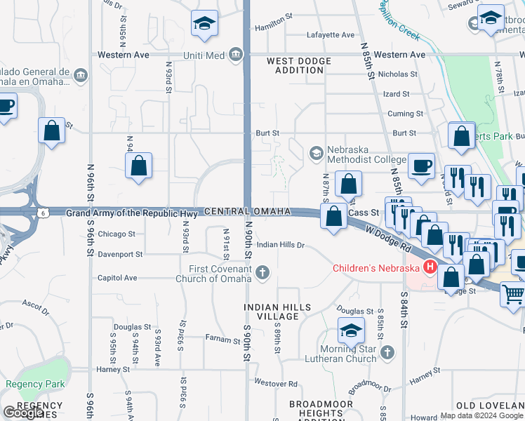 map of restaurants, bars, coffee shops, grocery stores, and more near 8900 West Dodge Road in Omaha
