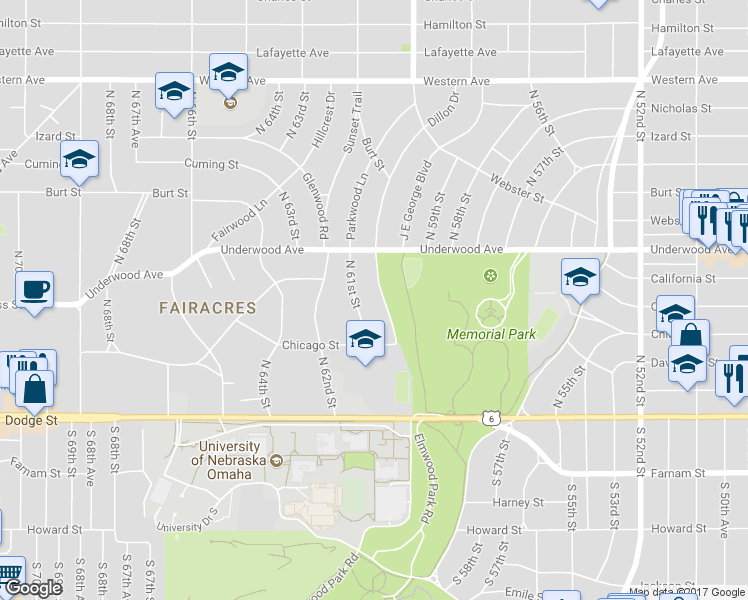 map of restaurants, bars, coffee shops, grocery stores, and more near 424 J E George Boulevard in Omaha