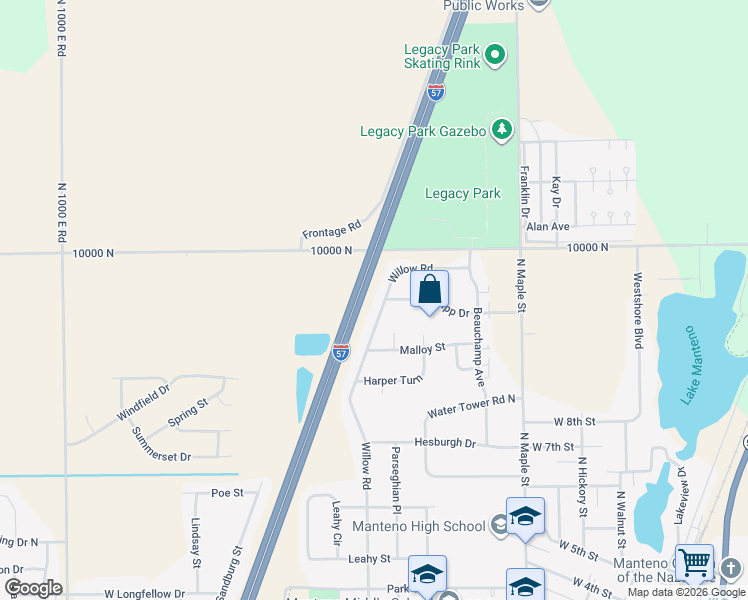 map of restaurants, bars, coffee shops, grocery stores, and more near 895 Willow Road in Manteno