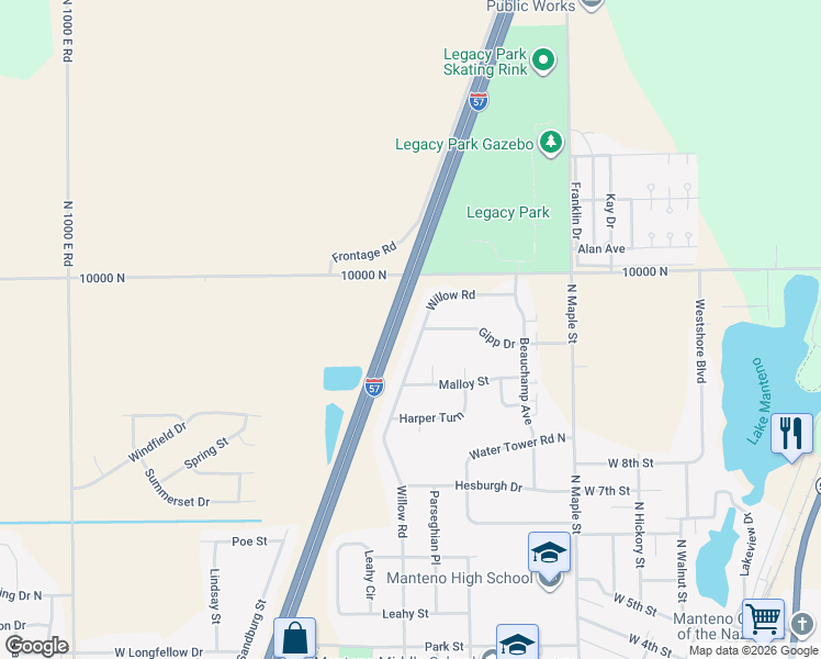 map of restaurants, bars, coffee shops, grocery stores, and more near 895 Willow Road in Manteno