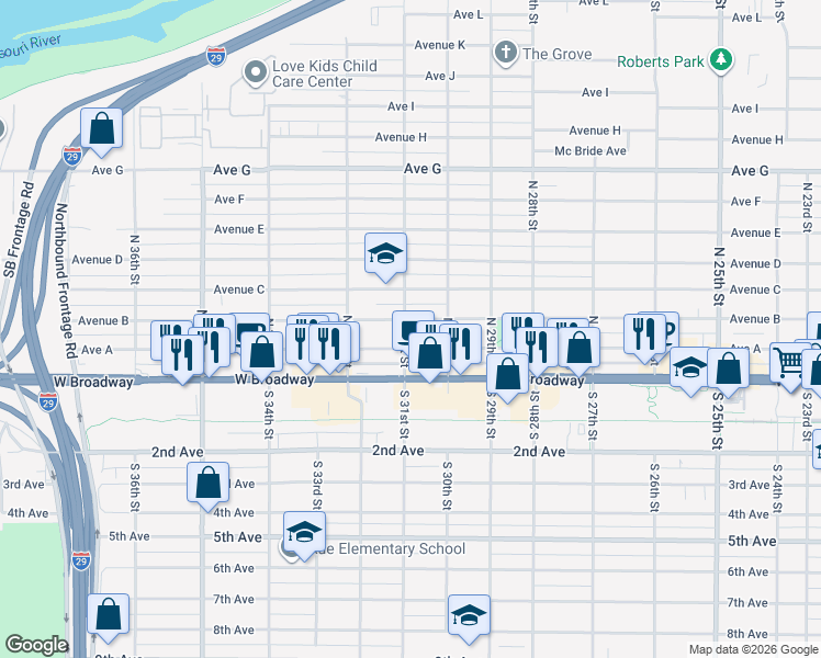 map of restaurants, bars, coffee shops, grocery stores, and more near 3025 Avenue B in Council Bluffs