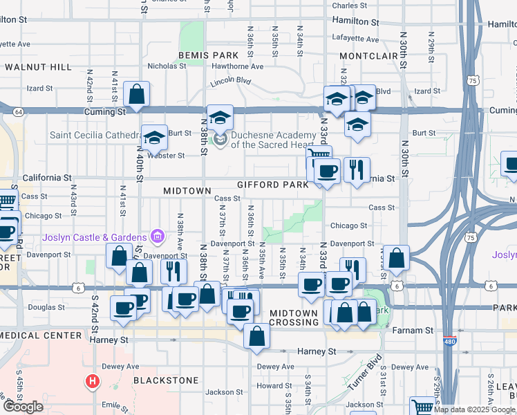 map of restaurants, bars, coffee shops, grocery stores, and more near 344 North 35th Avenue in Omaha