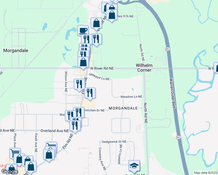 map of restaurants, bars, coffee shops, grocery stores, and more near 3044 Meadow Lane Northeast in Warren