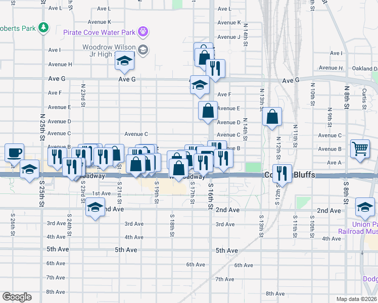 map of restaurants, bars, coffee shops, grocery stores, and more near 1707 Avenue B in Council Bluffs
