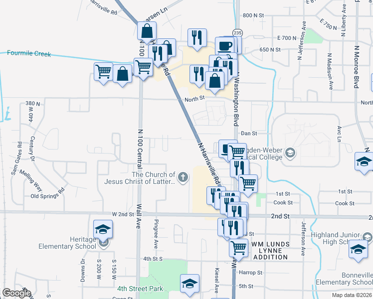 map of restaurants, bars, coffee shops, grocery stores, and more near 207 North Harrisville Road in Ogden