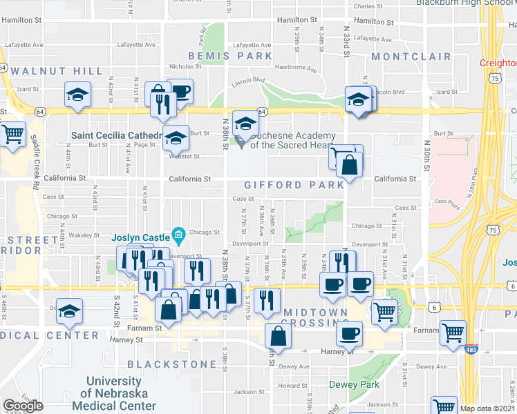 map of restaurants, bars, coffee shops, grocery stores, and more near 350 North 36th Avenue in Omaha