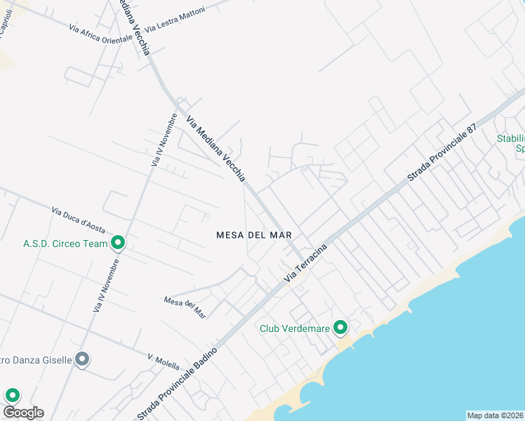 map of restaurants, bars, coffee shops, grocery stores, and more near 25 Via Mediana Vecchia in San Felice Circeo