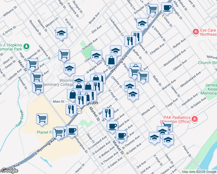 map of restaurants, bars, coffee shops, grocery stores, and more near 322 Ridge Ave in Kingston
