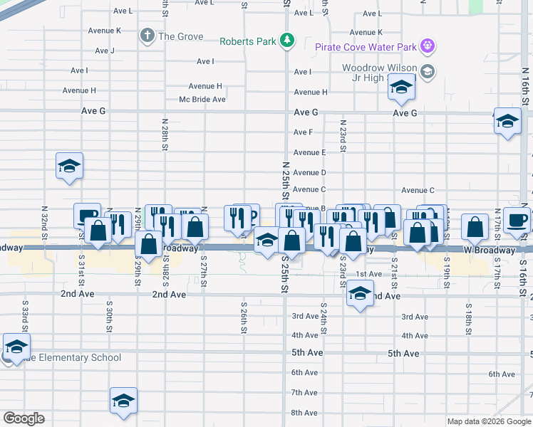 map of restaurants, bars, coffee shops, grocery stores, and more near 2531 Avenue B in Council Bluffs