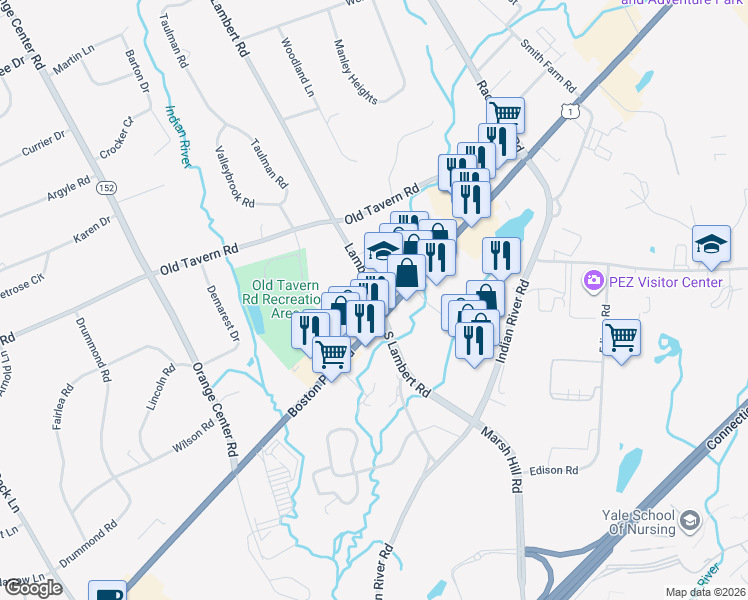 map of restaurants, bars, coffee shops, grocery stores, and more near 308 Lambert Road in Orange