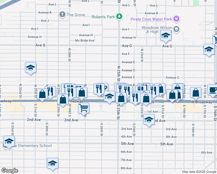 map of restaurants, bars, coffee shops, grocery stores, and more near 2531 Avenue B in Council Bluffs