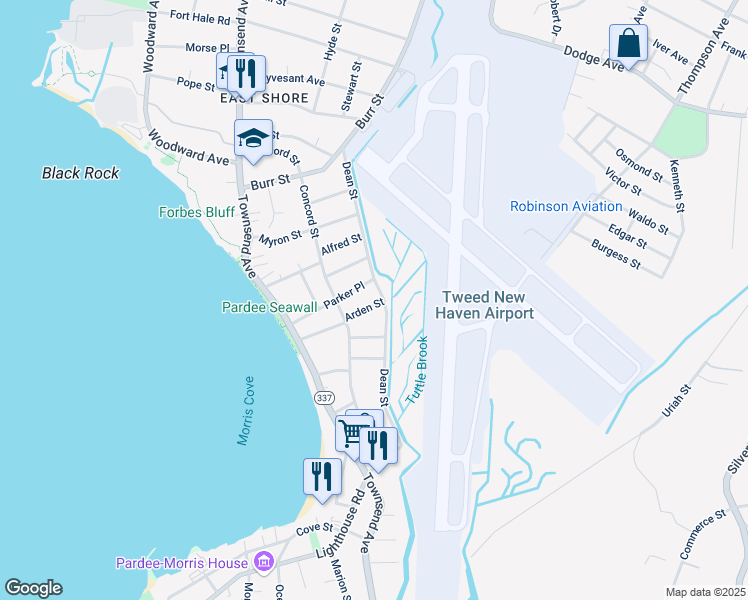 map of restaurants, bars, coffee shops, grocery stores, and more near 40 Arden Street in New Haven