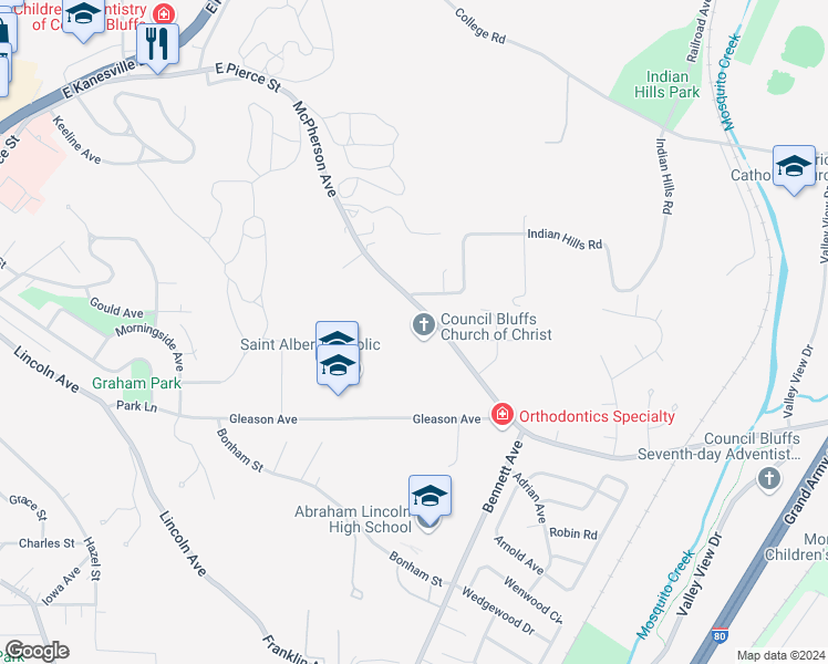 map of restaurants, bars, coffee shops, grocery stores, and more near 1501 McPherson Avenue in Council Bluffs
