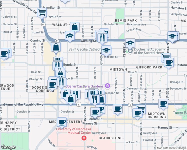 map of restaurants, bars, coffee shops, grocery stores, and more near 420 North 41st Street in Omaha
