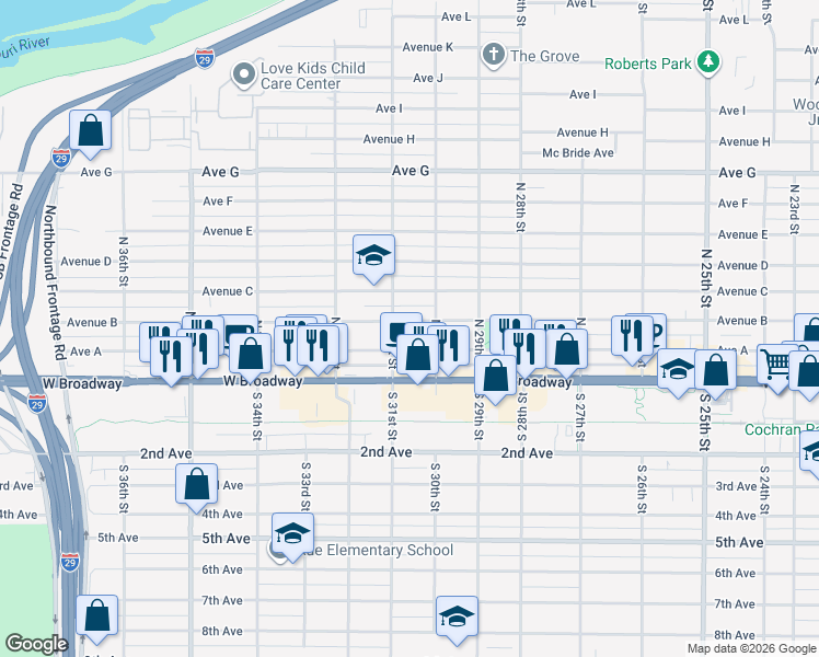 map of restaurants, bars, coffee shops, grocery stores, and more near 3025 Avenue B in Council Bluffs
