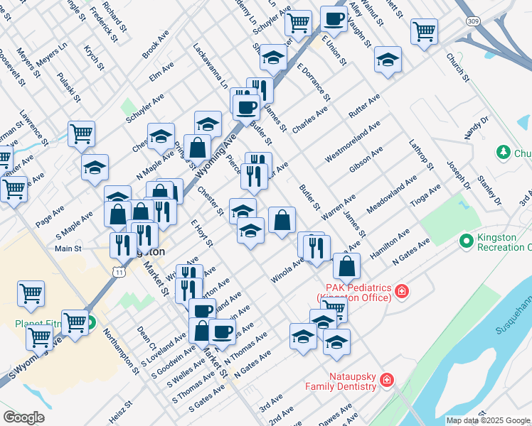 map of restaurants, bars, coffee shops, grocery stores, and more near 239 Pierce Street in Kingston