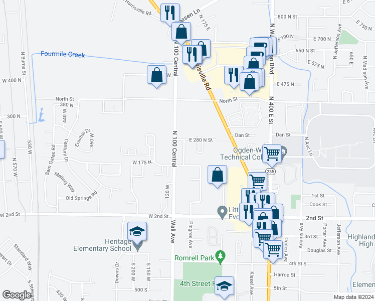 map of restaurants, bars, coffee shops, grocery stores, and more near 210 North 150 West Street in Ogden