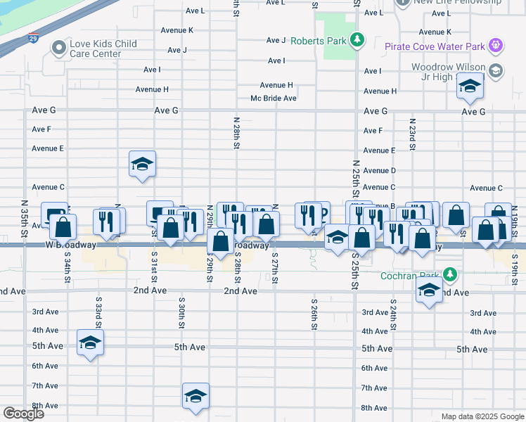 map of restaurants, bars, coffee shops, grocery stores, and more near 2719 Avenue B in Council Bluffs