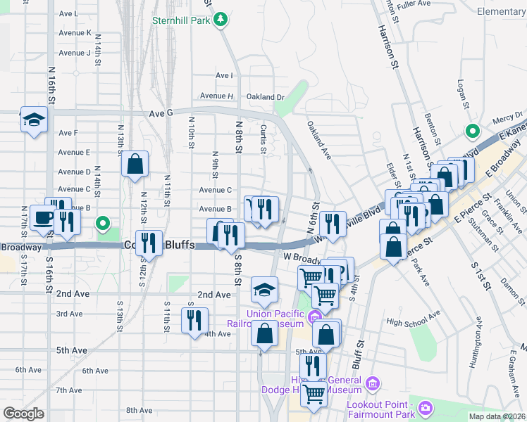 map of restaurants, bars, coffee shops, grocery stores, and more near 727 West Washington Avenue in Council Bluffs