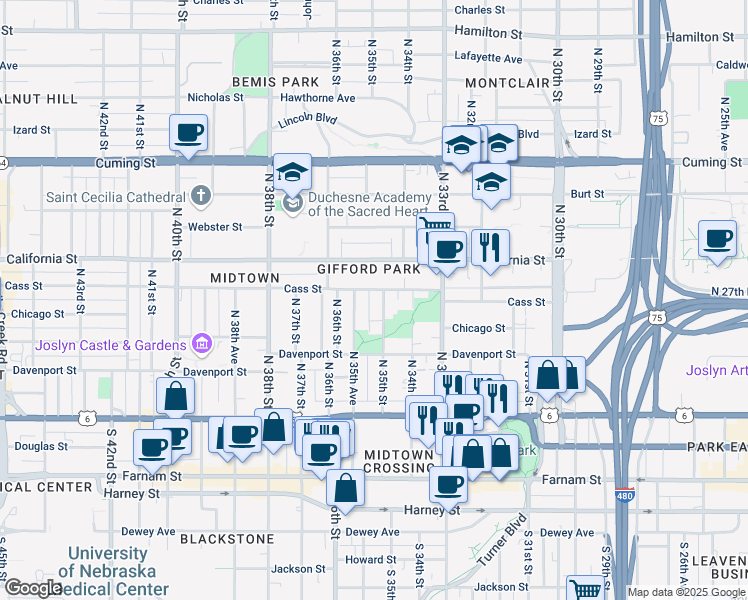 map of restaurants, bars, coffee shops, grocery stores, and more near 345 North 35th Street in Omaha