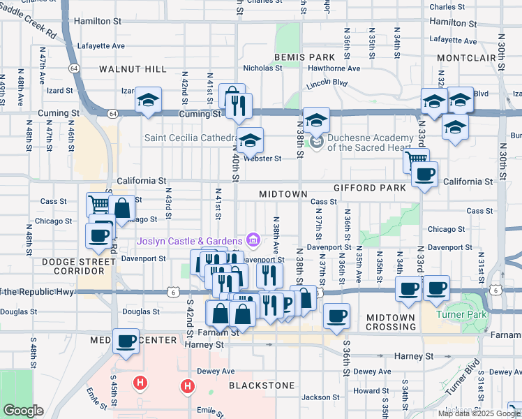 map of restaurants, bars, coffee shops, grocery stores, and more near 433 North 39th Street in Omaha