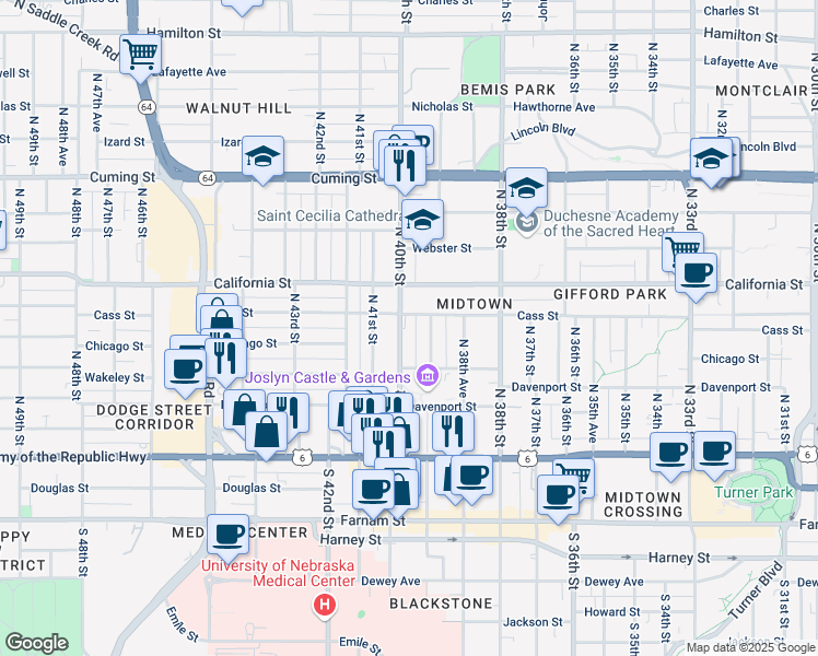 map of restaurants, bars, coffee shops, grocery stores, and more near 422 North 40th Street in Omaha