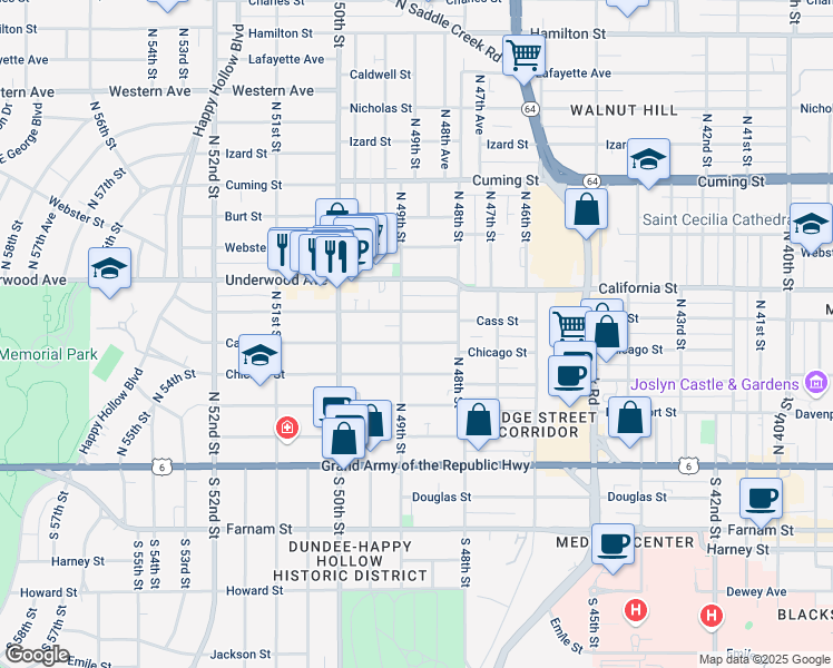 map of restaurants, bars, coffee shops, grocery stores, and more near 4902 Cass Street in Omaha