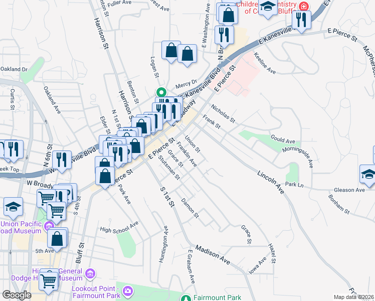 map of restaurants, bars, coffee shops, grocery stores, and more near 209 Franklin Avenue in Council Bluffs