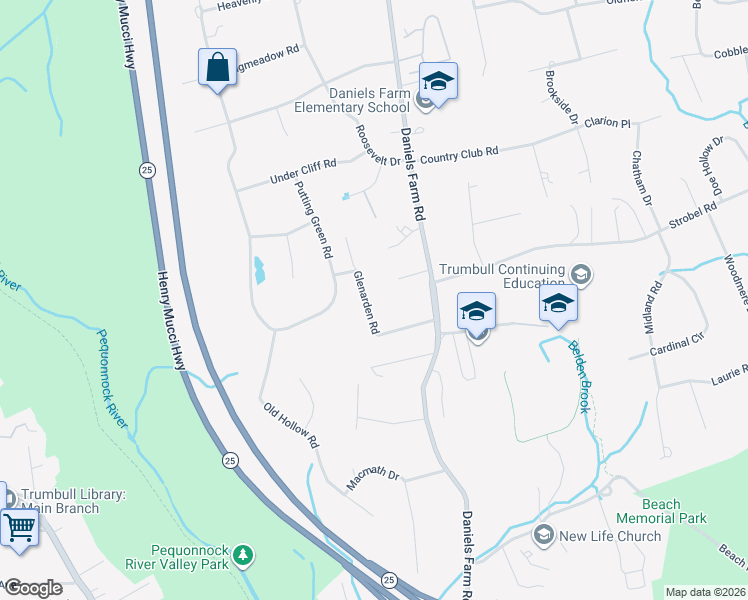 map of restaurants, bars, coffee shops, grocery stores, and more near 16 Glenarden Road in Trumbull