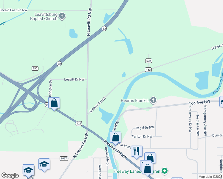 map of restaurants, bars, coffee shops, grocery stores, and more near 1188-1202 North River Road Northwest in Warren