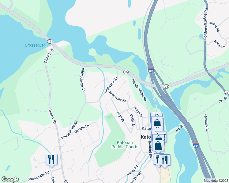 map of restaurants, bars, coffee shops, grocery stores, and more near 75 Greenville Road in Katonah