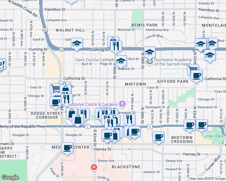map of restaurants, bars, coffee shops, grocery stores, and more near 422 North 40th Street in Omaha